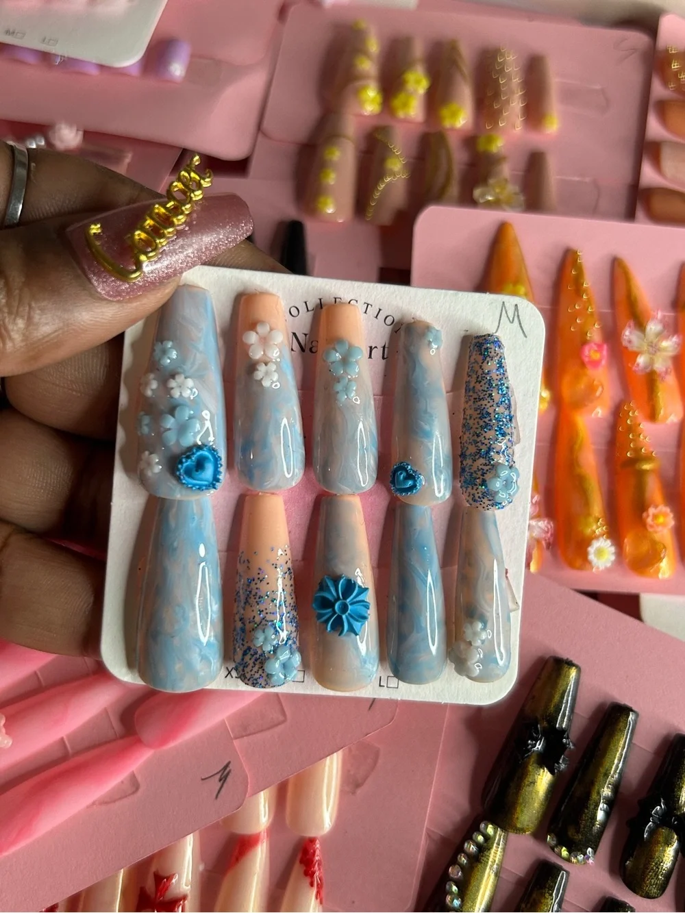 Blue & Peach Floral 3D Press-On Nail Set